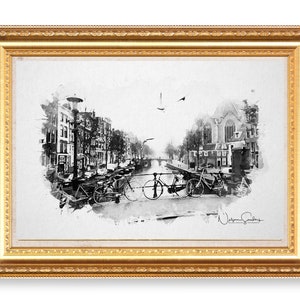 Canals of Amsterdam Water Color, Black & White,  Netherlands Canals, Amsterdam wall art, Amsterdam Architecture, Amsterdam Print, watercolor