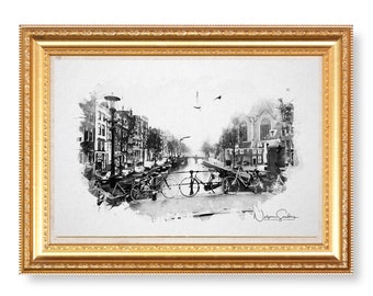 Canals of Amsterdam Water Color, Black & White,  Netherlands Canals, Amsterdam wall art, Amsterdam Architecture, Amsterdam Print, watercolor