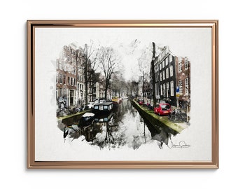 DIGITALE DOWNLOAD Grachten van Amsterdam, Aquarel, Zwart & Wit, Nederlandse Grachten, Amsterdamse muurkunst, Amsterdam Architectuur, Muurkunst