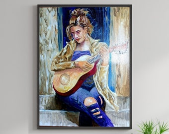 Large Oil Painting On Canvas Original Melodies in Blue Portrait of a Guitarist, Hand Painted Living Room Decor Wall Art