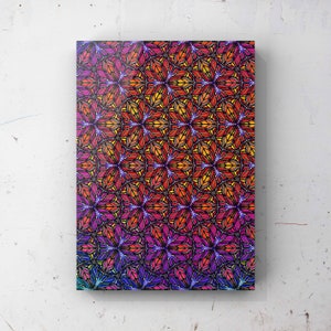Op de afbeelding: Een kleurrijk abstract patroon met een verloop van rood, oranje, geel, groen, blauw en paars. Het patroon bestaat uit herhalende geometrische vormen die lijken op bloemen.