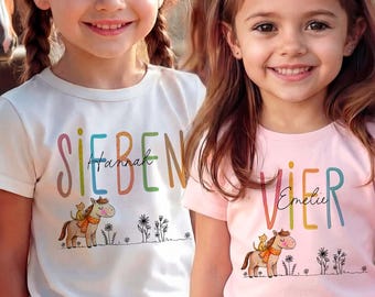 Children's Birthday Shirt Horse & Cat | Personalized Name & Number | Organic Cotton T-Shirt for Horse-Loving Girls | Gift for 3rd, 4th, 5th Birthday