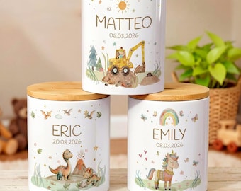 Personalisierte Spardose Kind mit Holzdeckel | Taufgeschenk Mädchen Junge | Wimmelbild Keramik Spardose Holz Skandi Aquarell Baby Geburt
