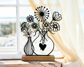 Line Art Blumenstrauß Aufsteller | Moderne Deko Wohnzimmer | 3D Druck Wildblumen in Vase | Geschenk Muttertag & Freundin | Minimalistisch