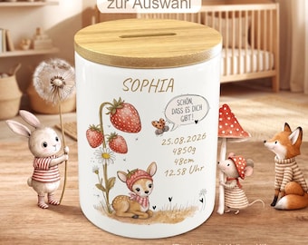 Spardose personalisiert mit Geburtsdaten | Geschenk zur Geburt & Taufe | Waldtiere Fuchs Hase Reh | Babygeschenk mit Namen Mädchen Junge