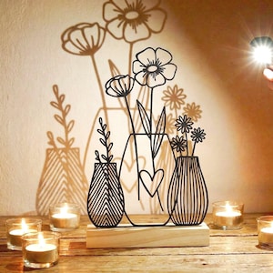 Line Art Blumen 3 Vasen | Aufsteller Blumenvasen mit Herz | Moderne 3D Druck Wandbild Alternative | Deko auf Holz-Sockel | Geschenk Einzug