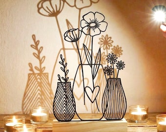 Line Art Flowers 3 Vases | Display Flower Vases with Heart | Modern 3D Print Wall Art Alternative | Decoration on Wooden Base | Housewarming Gift