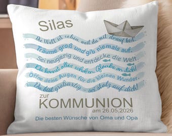Personalisiertes Kissen Kommunion | Namenskissen Fische & Spruch Maritim | Erstkommunion Geschenk Patenkind | Erinnerungskissen Geldgeschenk
