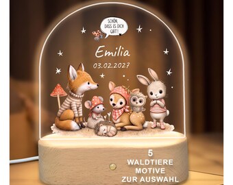 Nachtlicht personalisiert, Taufgeschenk Junge Mädchen, Babygeschenk zur Geburt, Nachttischlampe Kinderzimmer Waldtiere