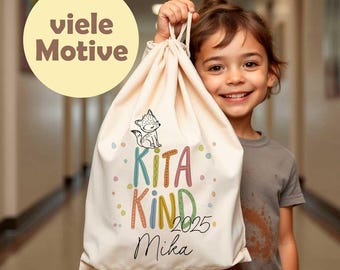 Personalized fabric bag for kindergarten supplies | Gym bag with name & motif (fox, excavator, unicorn) | Gift for starting daycare