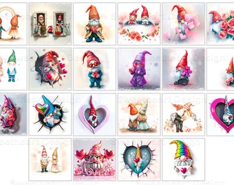 May include: A collection of 20 digital illustrations featuring gnomes in various romantic poses. The gnomes are depicted with hearts, flowers, and other romantic symbols. The illustrations are perfect for Valentine's Day or any occasion.