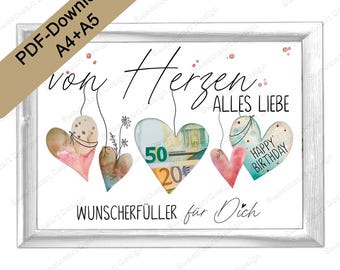 Geldgeschenk Geburtstag Ideen – DIY Geschenk basteln zum Geburtstag, Wunscherfüller als PDF Download zum Geld verschenken von Herzen