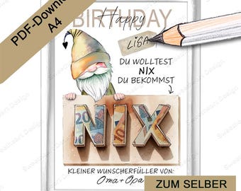 Birthday gifts for men and women – NO money gift Wrapping money as a wish fulfiller, funny gift as PDF download, DIY