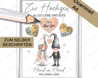 Persönliche Hochzeitsgeschenke mit Geld verpacken, personalisiertes Geldgeschenk basteln, Wichtel Wunscherfüller für Brautpaar, PDF download