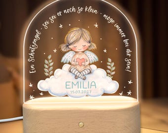 Personalized guardian angel night light with name and date, acrylic on beech wood, christening gift