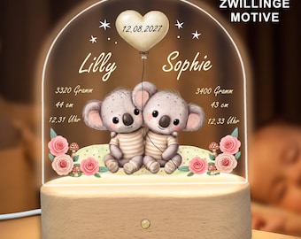 Nachtlicht personalisiert Zwillinge, Babygeschenke, Taufgeschenke, Geschenke zur Geburt, Tischlampe Kinderzimmer