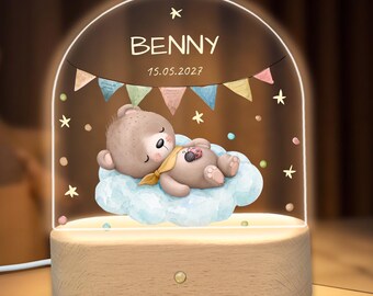 Personalisiertes Nachtlicht — Baby Geschenk mit Name und Datum zur Taufe & Teddybär-Motiv