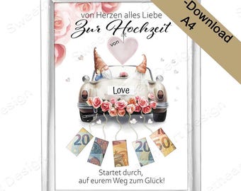 Wedding money gift: car in a picture frame – PDF download for crafting and packaging a wedding gift, a money wish fulfiller for travel or home use