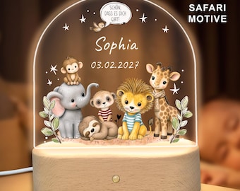 Nachtlicht personalisiert mit Namen, Safari Afrikatiere, Taufgeschenk Patenkind Junge Mädchen, Babygeschenk zur Geburt, Nachttischlampe