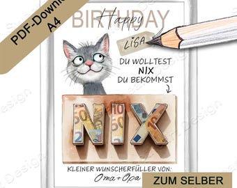 Money gift wrapping money as a wish fulfiller, making a funny NIX gift, PDF download, DIY birthday gifts for men and women