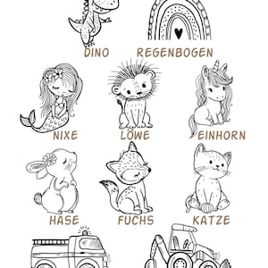 May include: Black and white illustrations of various animals and objects, including a dinosaur labeled "DINO", a rainbow labeled "REGENBOGEN", a mermaid labeled "NIXE", a lion labeled "L&Ouml;WE", a unicorn labeled "EINHORN", a bunny labeled "HASE", a fox labeled "FUCHS", a cat labeled "KATZE", a fire truck labeled "FEUERWEHR", and a backhoe labeled "BAGGER".