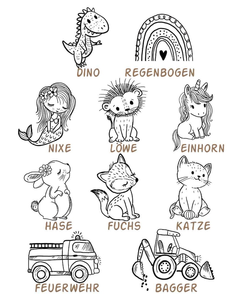 May include: Black and white illustrations of various animals and objects, including a dinosaur labeled "DINO", a rainbow labeled "REGENBOGEN", a mermaid labeled "NIXE", a lion labeled "L&Ouml;WE", a unicorn labeled "EINHORN", a bunny labeled "HASE", a fox labeled "FUCHS", a cat labeled "KATZE", a fire truck labeled "FEUERWEHR", and a backhoe labeled "BAGGER".