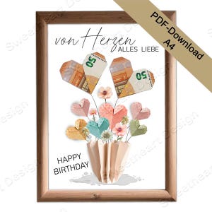 Geld verpacken von Herzen - DIY Geldgeschenk basteln, Geburtstagsgeschenke für Frauen, Geschenkidee Geburtstag, digitaler PDF Download