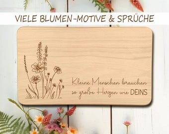 Farewell gift for kindergarten teachers & schoolteachers, personalized wooden cutting board, small board with engraved floral motifs, breakfast board
