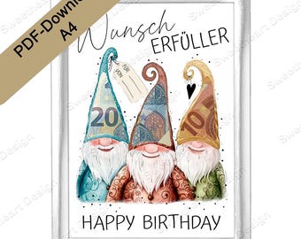 Geldgeschenk basteln - PDF Download zum Ausdrucken, DIY Geburtstagsgeschenke, Kreative Happy Birthday Idee mit Geld Wichtel zum verpacken