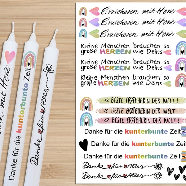 Kerzentattoo Erzieherin Abschiedsgeschenk Kita Profiqualität A4 Kerzenfolie grosse Herzen Sprüche DIY Kerzen mit Spruch Deko Stabkerzen