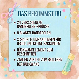 May include: A teal-colored graphic with the text "DAS BEKOMMST DU" and bullet points listing items. The image includes a pair of pink and blue scissors and a glue stick. The text lists 24 sayings, 8 blank labels, and more.