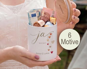 Personalized ceramic wedding money box with wooden lid
