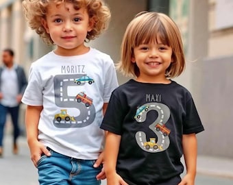 Geburtstagsshirt Kinder Personalisiert mit Namen & Alter – T-Shirt Jungen Feuerwehr Bagger Polizei Auto Geburtstag Geschenke Idee