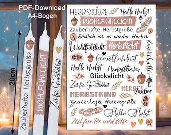 PDF-Download Kerzentattoo Herbst – Digitale A4 Wasserschiebefolie zur Gestaltung von Stabkerzen, Herbstmotiven, Sprüchen Wasserschieberfolie