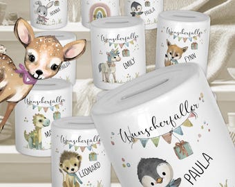 Personalisierte Spardose Kind | Löwe, Fuchs, Dino | Geschenk Geburt, Taufe Junge & Mädchen | Spardose mit Namen | Retro-Aquarell-Look