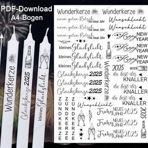 PDF water slide film New Year&#39;s Eve, candle tattoo for download, candle sayings, lucky light, DIY stick candle decoration, water slide film