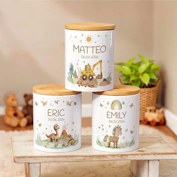 Personalisierte Spardose Kind mit Holzdeckel | Taufgeschenk Mädchen Junge | Wimmelbild Keramik Spardose Holz Skandi Aquarell Baby Geburt