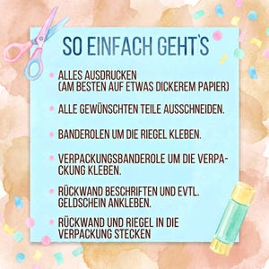 May include: A light blue card with the text "SO EINFACH GEHT'S" and instructions in German. The image includes a pair of pink and blue scissors and a glue stick. The background has a watercolor effect with confetti.