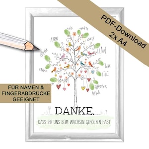 Könnte beinhalten: Ein gerahmter Druck mit einer Baumillustration, versehen mit Namen und bunten Vögeln. Der Baum hat herzförmige Blätter und hängende Herzen. Der Text enthält "DANKE" und "DASS IHR UNS BEIM WACHSEN GEHOLFEN HABT".