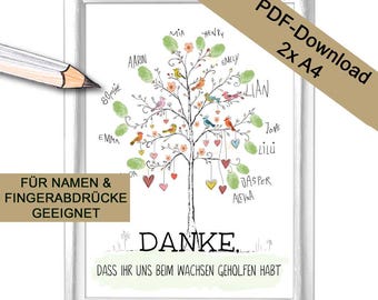 Farewell gift for kindergarten teacher 2 x A4 digital download PDF - Personalizable tree for fingerprint and name