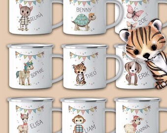 Emaille Tasse mit Namen personalisiert – Kindertassen u. Emaillebecher zum Geburtstag, Weihnachtsgeschenke Geschenk, Einhorn, Katze, Hund