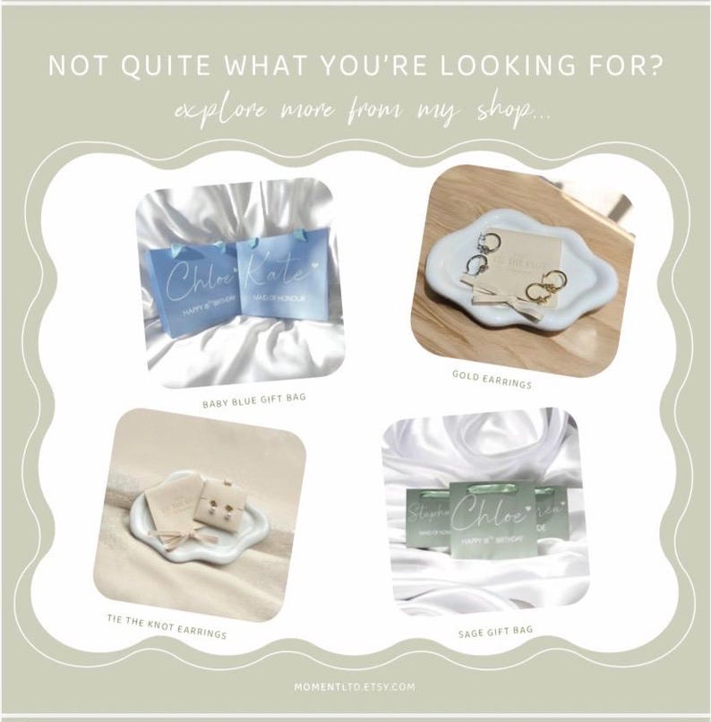 Puede incluir: Imagen que muestra varios productos, incluyendo bolsas de regalo azul beb&eacute; y salvia, pendientes dorados y pendientes "Tie the Knot". El texto "NOT QUITE WHAT YOU'RE LOOKING FOR? explore more from my shop..." se muestra en la parte superior.
