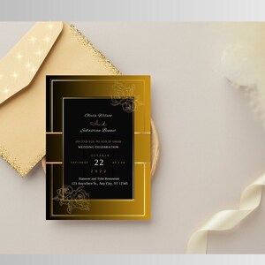 Peut inclure: Invitation de mariage dorée et noire avec un motif floral et le texte "Diana Robinson et Sebastian Bennett Célébration de mariage Samedi 22 octobre 2022"
