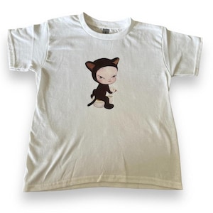 Yoshitomo Nara Handmade Screenprinted Women's Baby Tee Cat Design