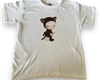 Yoshitomo Nara Handmade Screenprinted Women&#39;s Baby Tee Cat Design