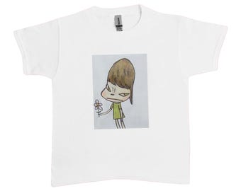 Yoshitomo Nara Handmade Printed Women's Baby Tee Flower Design