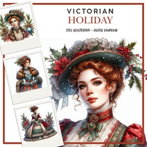 Ilustraciones digitales en papel de damas victorianas navideñas para scrapbooking, fabricación de tarjetas, diarios basura de invierno, JPEG, manualidades de papel DIY