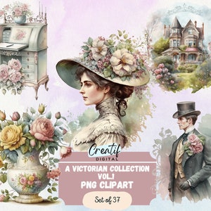 Digital Clipart Illustration Set, Victorian Collection, PNG Printable Watercolor, Stickers, VintageShabby Chic, Scrapbook, Digi Kit