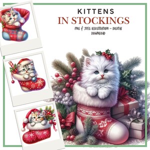 Clipart numérique hiver, chatons de Noël en bas, illustrations pour scrapbooking, fabrication de cartes, carnets indésirables, PNG, JPEG, travaux manuels en papier