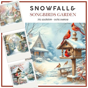 Chutes de neige numérique et jardin d'oiseaux chanteurs en hiver, papier décoratif pour scrapbooking, fabrication de cartes, journaux indésirables, JPEG, travaux manuels en papier à faire soi-même